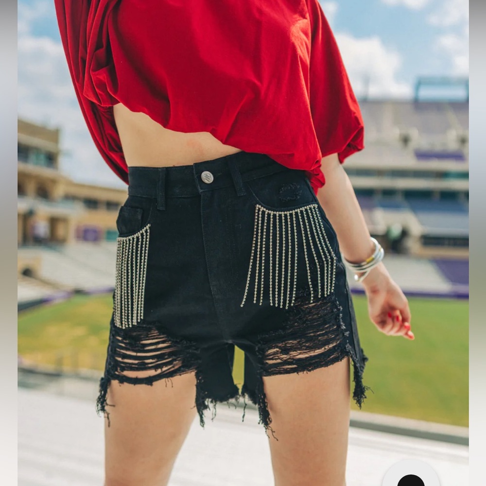 CRYSTAL FRINGE DENIM SHORTS - BLACK